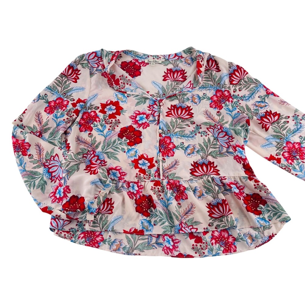 Emma & Oliver Floral Blouse V-Neck Button-Down Long Sleeve Peplum Hem Polyester